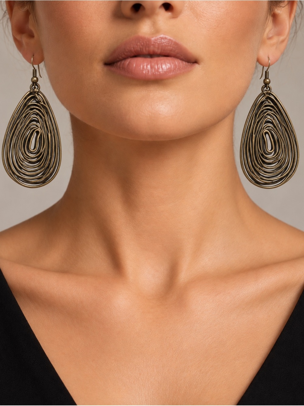 Bronze tone Spiral Teardrop Dangle Earrings Openwork Boho Statement 1.8'